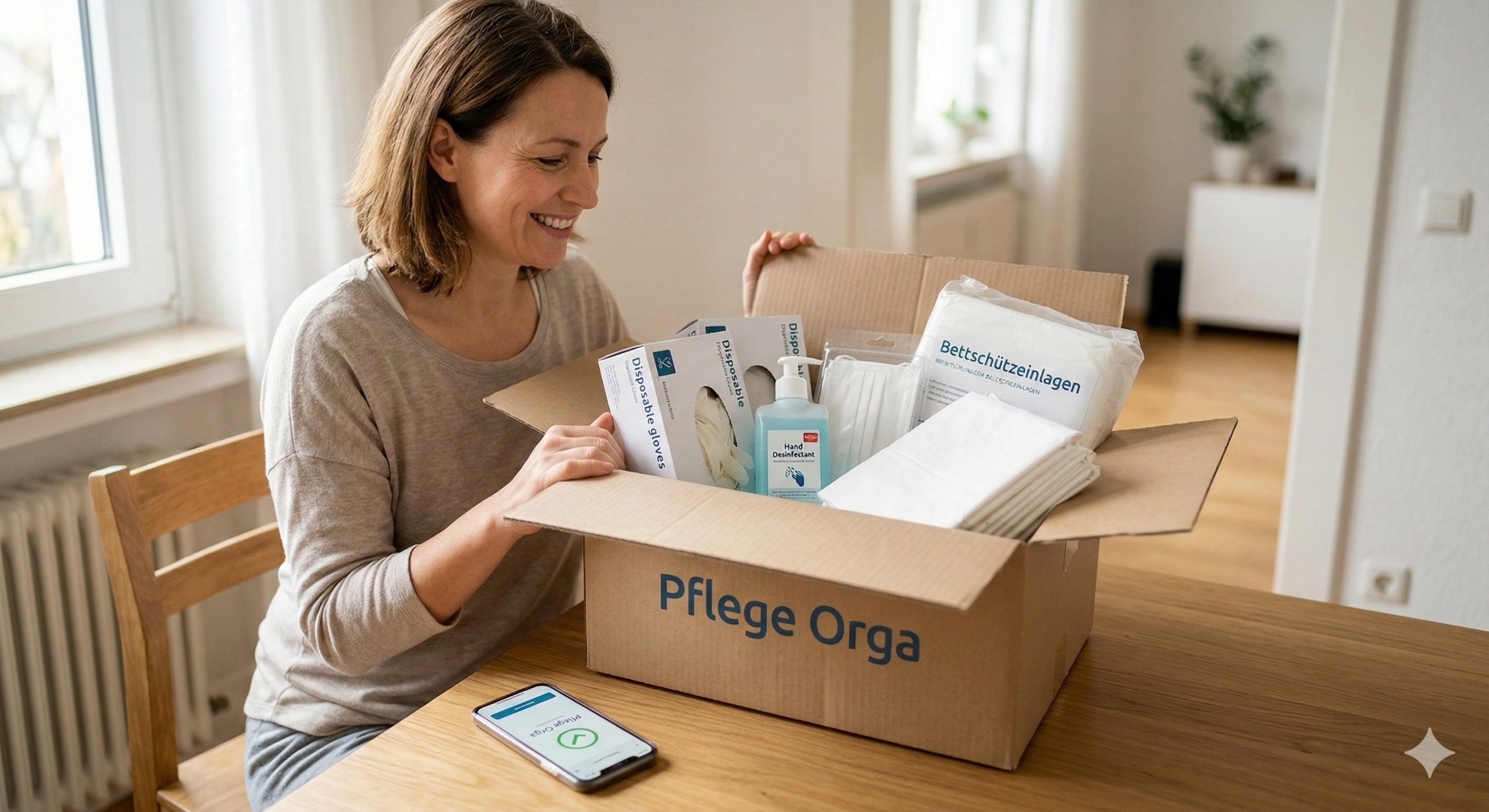 Frau öffnet Pflege Orga Pflegebox mit Pflegehilfsmitteln