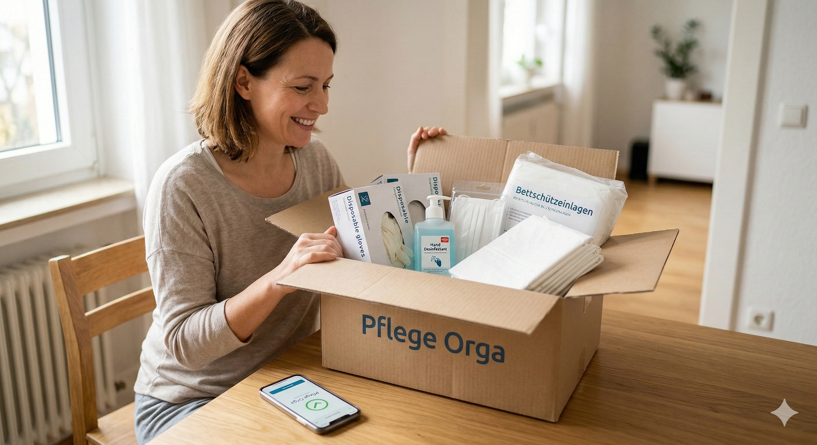 Frau öffnet Pflege Orga Pflegebox mit Pflegehilfsmitteln