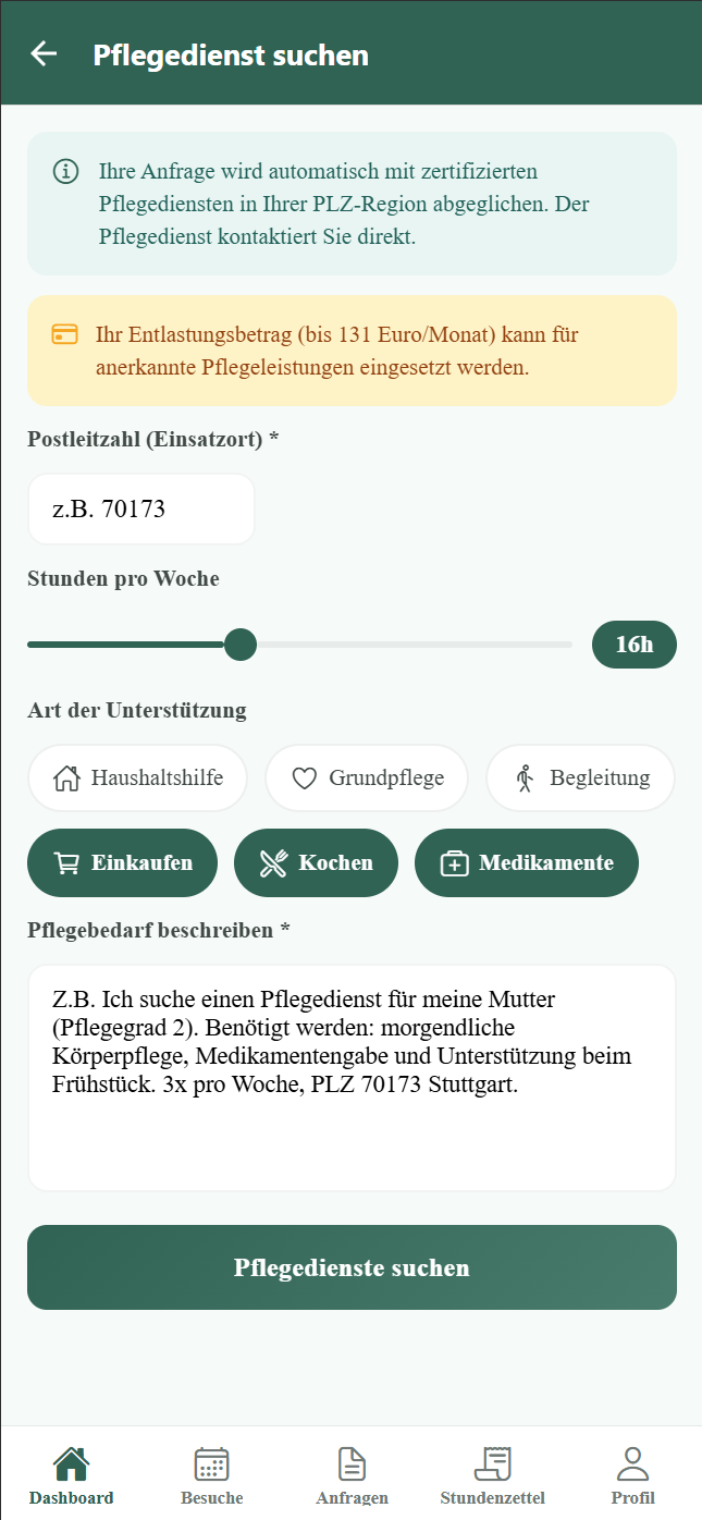 Pflegebedarf eingeben